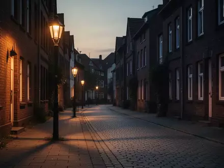 Eine menschenleere, abendliche Wohnstraße in einer deutschen Kleinstadt mit historischer Architektur und gedimmter Straßenbeleuchtung. - Foto: über boerse-global.de