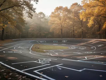 Leerer asphaltierter Verkehrsübungsplatz mit Markierungen und herbstlich gefärbten Bäumen im Hintergrund. - Foto: über boerse-global.de