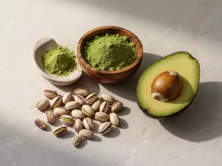 Eine Nahaufnahme von Matcha-Pulver in einer Holzschale, daneben Pistazien und eine aufgeschnittene Avocado auf hellem Stein. - Foto: über boerse-global.de
