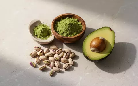 Eine Nahaufnahme von Matcha-Pulver in einer Holzschale, daneben Pistazien und eine aufgeschnittene Avocado auf hellem Stein. - Foto: über boerse-global.de