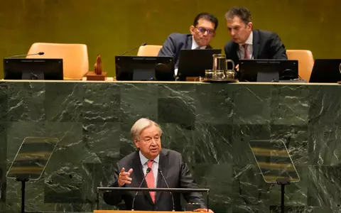 UN-Generalsekretär António Guterres bei seiner letzten großen Rede in einer Generaldebatte der UN-Vollversammlung in New York. - Foto: Seth Wenig/AP/dpa