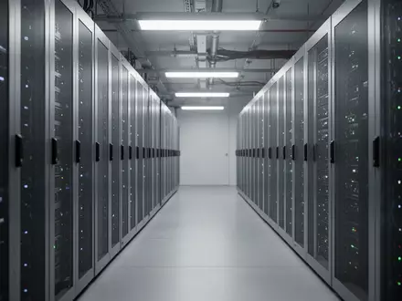 Ein minimalistischer, modern beleuchteter Serverraum mit metallischen Schaltschränken in einer technologischen Umgebung. - Foto: über boerse-global.de