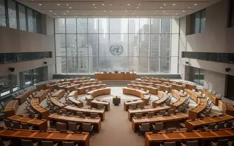 Ein leerer, moderner Konferenzsaal im UN-Hauptquartier mit polierten Holztischen und großen Fensterfronten. - Foto: über boerse-global.de