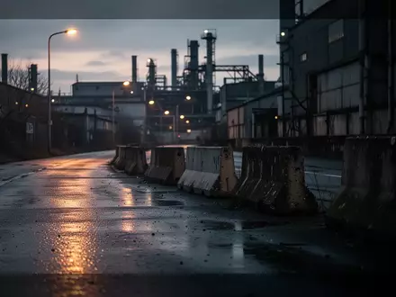 Leeres Gewerbegebiet in der Morgendämmerung mit nasser Asphaltstraße und industrieller Umgebung. - Foto: über boerse-global.de