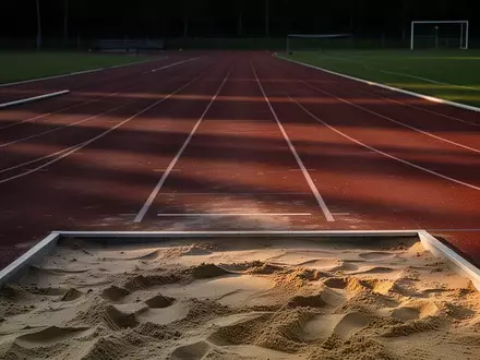 Eine leere Leichtathletikbahn mit Sandgrube in der Abenddämmerung. - Foto: über boerse-global.de