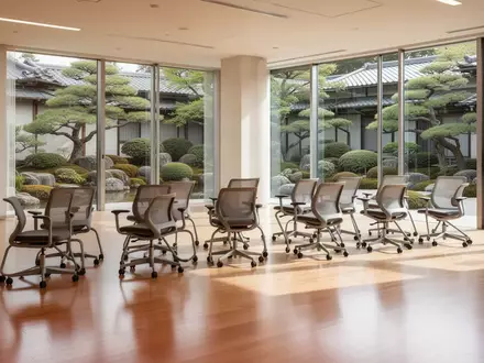 Ein heller, minimalistischer Gymnastikraum mit Holzboden und Blick in einen japanischen Garten, in dem Stühle ordentlich in einer Reihe stehen. - Foto: über boerse-global.de