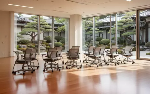 Ein heller, minimalistischer Gymnastikraum mit Holzboden und Blick in einen japanischen Garten, in dem Stühle ordentlich in einer Reihe stehen. - Foto: über boerse-global.de