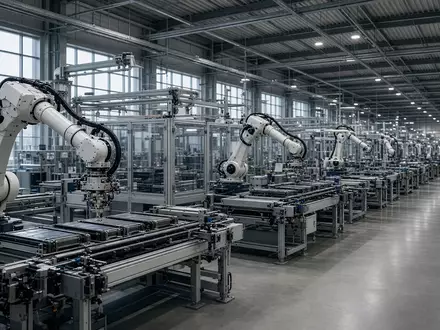 Moderne Produktionshalle einer Batteriefabrik mit automatisierten Fertigungsrobotern. - Foto: über boerse-global.de