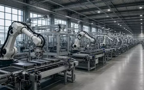 Moderne Produktionshalle einer Batteriefabrik mit automatisierten Fertigungsrobotern. - Foto: über boerse-global.de
