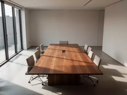 Ein minimalistischer, lichtdurchfluteter Konferenzraum mit einem leeren Holztisch in einer modernen Büroumgebung. - Foto: über boerse-global.de