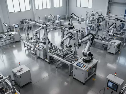 Eine moderne, leere industrielle Fertigungshalle mit modularen Montagestationen und mechanischen Roboterstrukturen. - Foto: über boerse-global.de