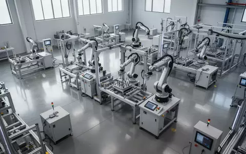 Eine moderne, leere industrielle Fertigungshalle mit modularen Montagestationen und mechanischen Roboterstrukturen. - Foto: über boerse-global.de