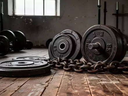 Schwere Eisen-Gewichtsscheiben und schwere Metallketten auf einem hölzernen Hallenboden in einem schlichten Trainingsraum. - Foto: über boerse-global.de
