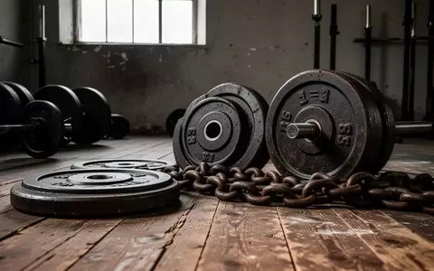 Schwere Eisen-Gewichtsscheiben und schwere Metallketten auf einem hölzernen Hallenboden in einem schlichten Trainingsraum. - Foto: über boerse-global.de