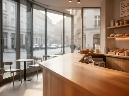 Ein minimalistisch gestalteter Tresen in einer modernen Bäckerei mit natürlichem Lichteinfall in einer ruhigen städtischen Umgebung. - Foto: über boerse-global.de