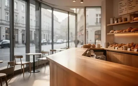 Ein minimalistisch gestalteter Tresen in einer modernen Bäckerei mit natürlichem Lichteinfall in einer ruhigen städtischen Umgebung. - Foto: über boerse-global.de