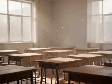 Ein leerer, sonnendurchfluteter Klassenraum mit ordentlich aufgereihten Holztischen und Stühlen in einer ruhigen Lernumgebung. - Foto: über boerse-global.de
