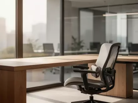 Ein moderner, minimalistischer Arbeitsplatz mit einem Eichenschreibtisch und einem ergonomischen Stuhl in einem hellen Büro. - Foto: über boerse-global.de