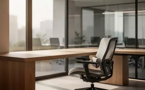 Ein moderner, minimalistischer Arbeitsplatz mit einem Eichenschreibtisch und einem ergonomischen Stuhl in einem hellen Büro. - Foto: über boerse-global.de