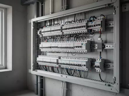 Ein moderner, aufgeräumter Sicherungskasten an einer Wand in einem Wohngebäude. - Foto: über boerse-global.de