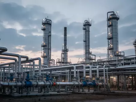 Industrielle Chemieanlagen mit komplexem Röhrensystem und Silos bei Dämmerung. - Foto: über boerse-global.de