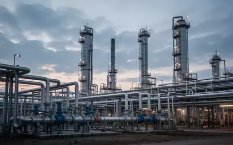 Industrielle Chemieanlagen mit komplexem Röhrensystem und Silos bei Dämmerung. - Foto: über boerse-global.de