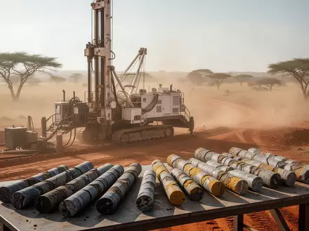 Ein professionelles Bohrgerät bei der Goldexploration in einer sonnigen Savannenlandschaft. - Foto: über boerse-global.de