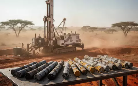 Ein professionelles Bohrgerät bei der Goldexploration in einer sonnigen Savannenlandschaft. - Foto: über boerse-global.de