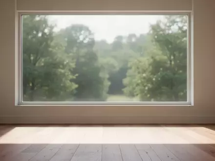 Ein heller, minimalistischer Raum mit einem großen Fenster, das den Blick auf eine ruhige, grüne Landschaft freigibt. - Foto: über boerse-global.de