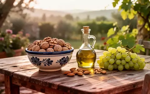 Ein rustikaler Holztisch im mediterranen Garten mit Nüssen, Olivenöl und Weintrauben im Sonnenlicht. - Foto: über boerse-global.de