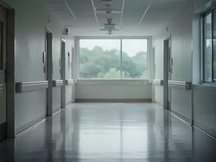 Ein leerer, hell beleuchteter Krankenhausflur mit großen Fenstern und minimalistischer Architektur. - Foto: über boerse-global.de