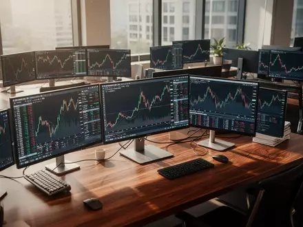 Ein moderner Trading-Arbeitsplatz mit Monitoren, die abstrakte Aktienkursverläufe ohne Text anzeigen. - Foto: über boerse-global.de