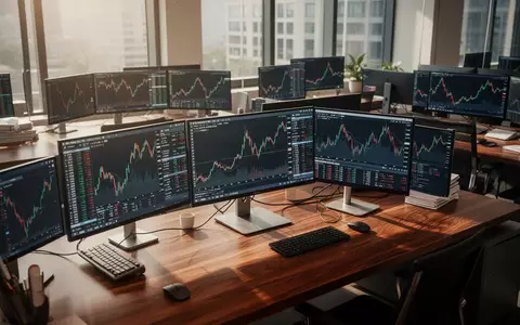 Ein moderner Trading-Arbeitsplatz mit Monitoren, die abstrakte Aktienkursverläufe ohne Text anzeigen. - Foto: über boerse-global.de