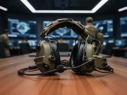 Taktisches Kommunikations-Headset eines Soldaten auf einem Holztisch in einem Einsatzraum. - Foto: über boerse-global.de