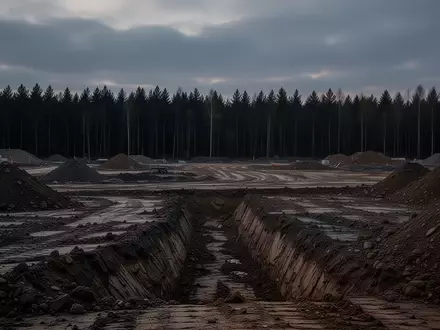 Eine weitläufige, unebene Baustelle auf einem freien Feld bei Dämmerung mit Erdhaufen und angrenzendem Waldgebiet. - Foto: über boerse-global.de