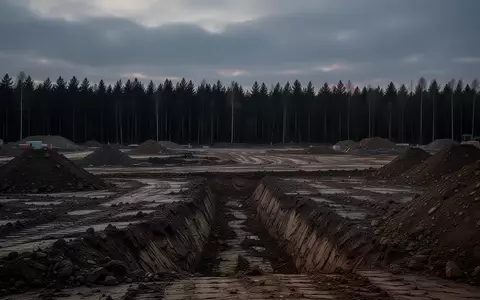 Eine weitläufige, unebene Baustelle auf einem freien Feld bei Dämmerung mit Erdhaufen und angrenzendem Waldgebiet. - Foto: über boerse-global.de