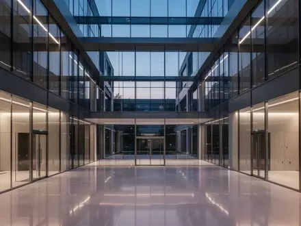 Modernes, minimalistisches Architektur-Atrium aus Glas und Stahl bei Dämmerung. - Foto: über boerse-global.de