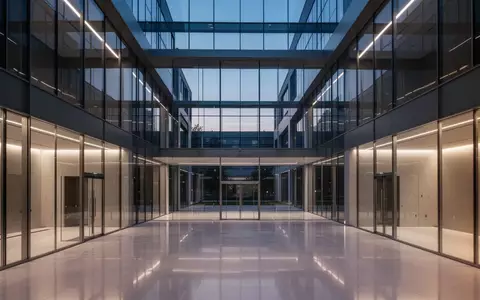 Modernes, minimalistisches Architektur-Atrium aus Glas und Stahl bei Dämmerung. - Foto: über boerse-global.de