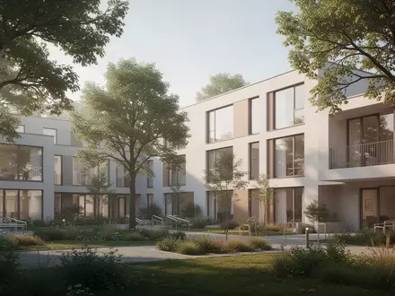 Ein moderner, barrierefreier Wohnkomplex mit großen Fenstern in einer gepflegten Gartenanlage mit altem Baumbestand. - Foto: über boerse-global.de