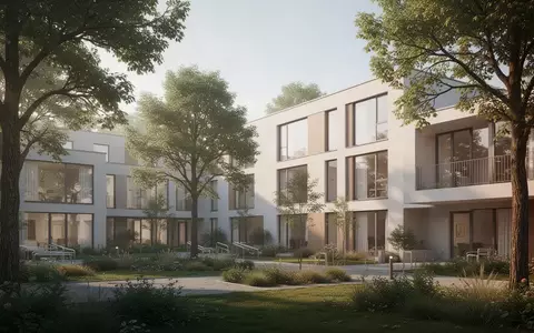 Ein moderner, barrierefreier Wohnkomplex mit großen Fenstern in einer gepflegten Gartenanlage mit altem Baumbestand. - Foto: über boerse-global.de