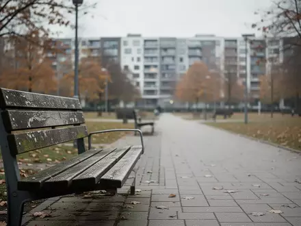 Ein leerer Parkweg mit einer Parkbank und im Hintergrund unscharf erkennbare Wohngebäude bei bewölktem Tageslicht. - Foto: über boerse-global.de