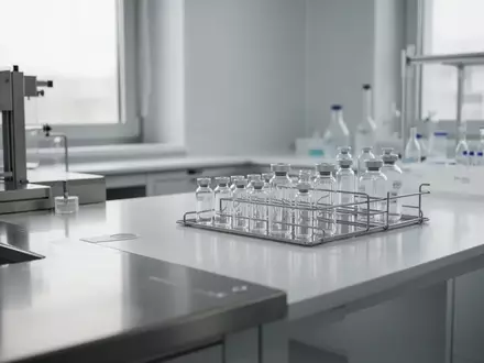 Ein minimalistisches, modernes pharmazeutisches Labor mit Edelstahlflächen und Glasfläschchen auf einem weißen Labortisch. - Foto: über boerse-global.de