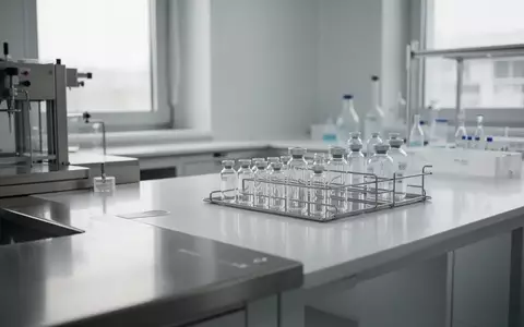 Ein minimalistisches, modernes pharmazeutisches Labor mit Edelstahlflächen und Glasfläschchen auf einem weißen Labortisch. - Foto: über boerse-global.de