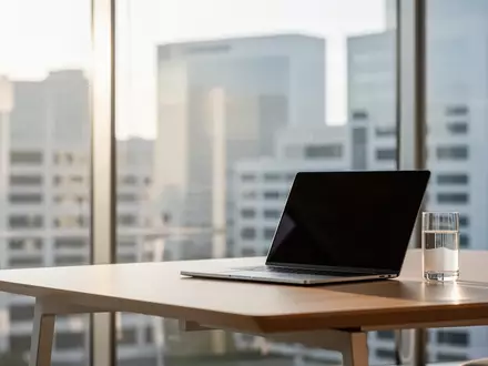 Ein heller, moderner Büroarbeitsplatz mit einem Laptop auf einem Schreibtisch vor einer großen Fensterfront. - Foto: über boerse-global.de
