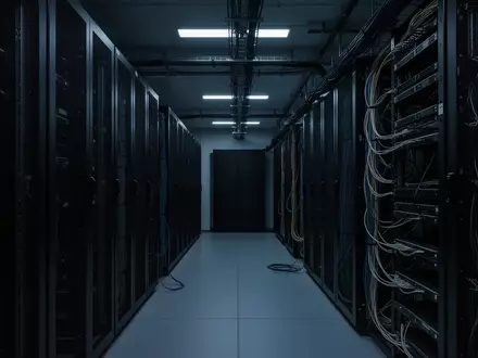 Ein minimalistisch beleuchteter Serverraum mit dunklen Serverschränken und Kabeln in einer industriellen Umgebung. - Foto: über boerse-global.de
