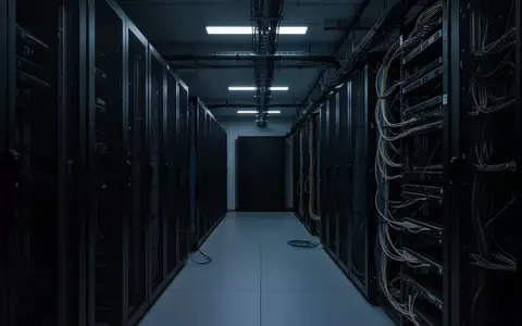 Ein minimalistisch beleuchteter Serverraum mit dunklen Serverschränken und Kabeln in einer industriellen Umgebung. - Foto: über boerse-global.de