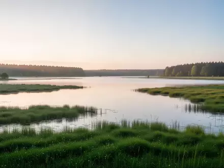 Weite Seenlandschaft im Lausitzer Seenland bei Sonnenaufgang mit ruhigem Wasser und grünen Wiesen. - Foto: über boerse-global.de