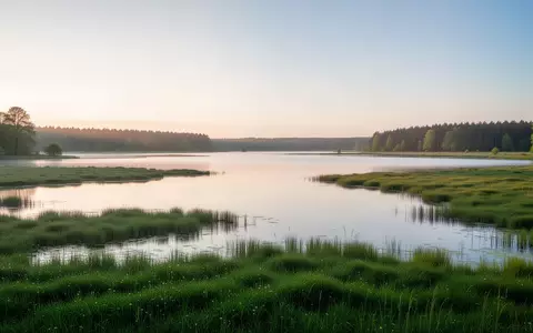 Weite Seenlandschaft im Lausitzer Seenland bei Sonnenaufgang mit ruhigem Wasser und grünen Wiesen. - Foto: über boerse-global.de