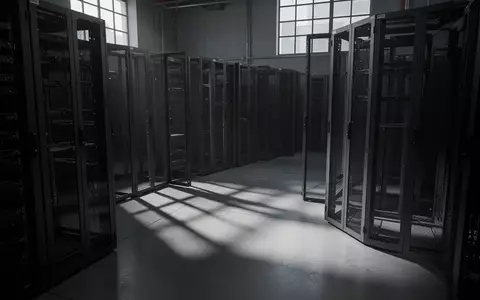 Dunkler, leerer Serverraum mit industriellen Metallregalen und langgezogenen Schatten auf dem Boden. - Foto: über boerse-global.de