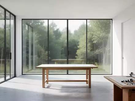 Ein minimalistisches Architekturbüro mit leerem Zeichentisch vor einer großen Fensterfront mit Blick ins Grüne. - Foto: über boerse-global.de